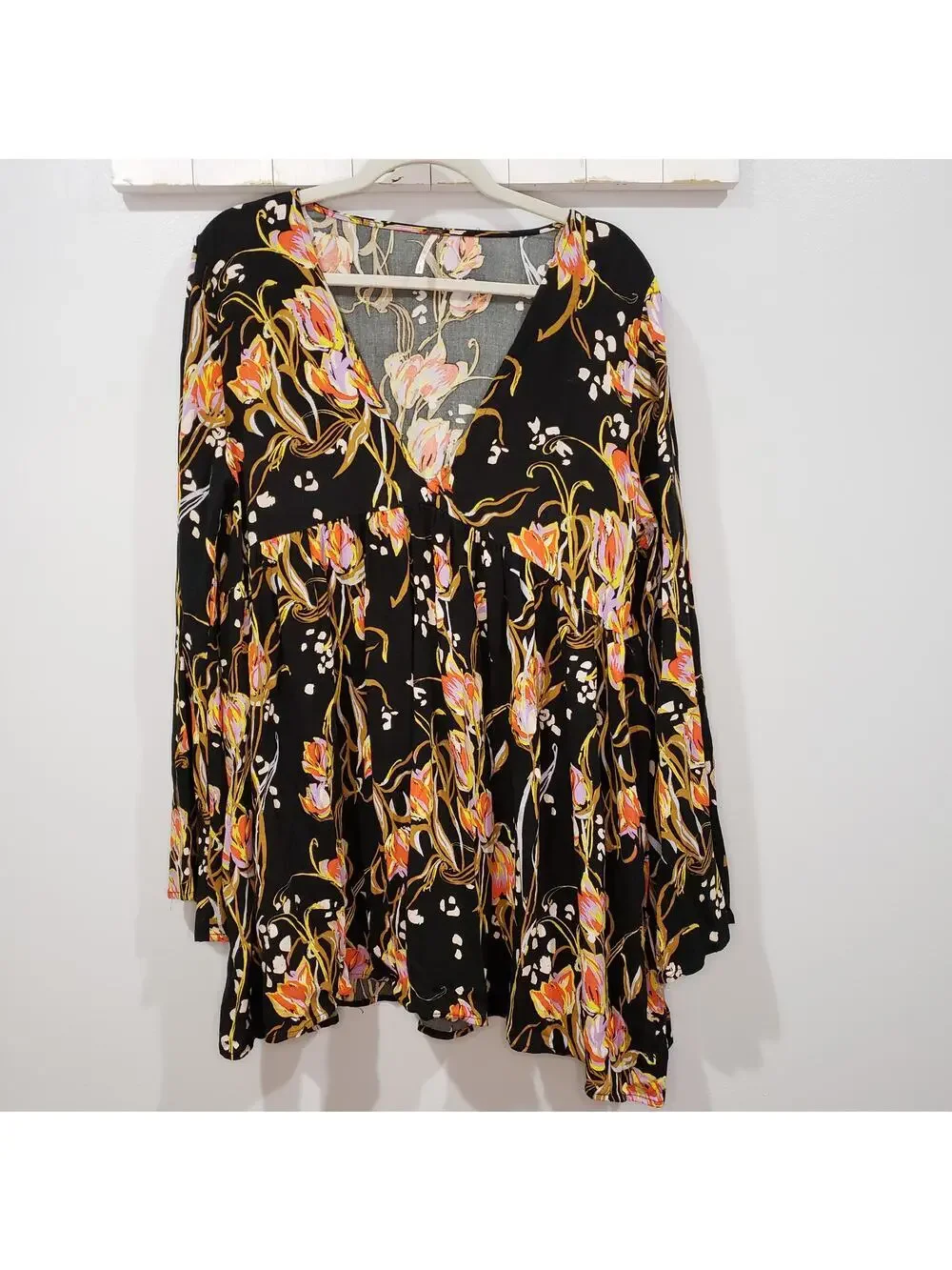 Free People Bella Printed Tunic Floral Boho Babydoll Top Womens Size Large